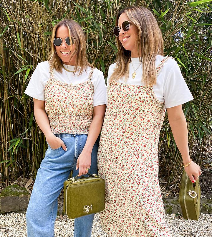 Labelrail X Collyer Twins Midi Cami Dress With Frill Detail In Ditsy Floral-white
