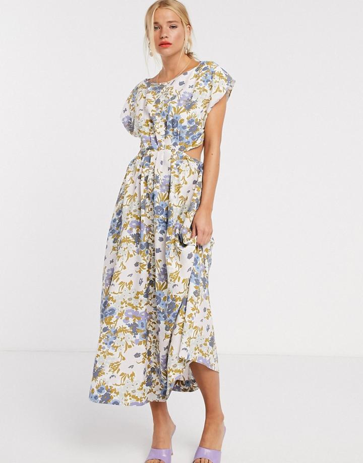& Other Stories Retro Floral Print Cut-out Detail Midi Dress In Multi-white