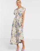 & Other Stories Retro Floral Print Cut-out Detail Midi Dress In Multi-white