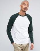Asos Long Sleeve T-shirt With Contrast Raglan Sleeves In White/green - White