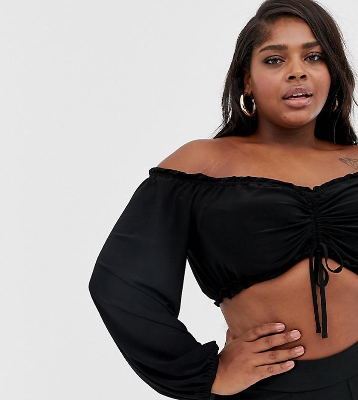 Flounce London Plus Bardot Crop Top With Ruched Detail In Black