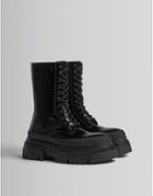 Bershka Chunky Calf Length Lace Up Moto Boot In Black Patent