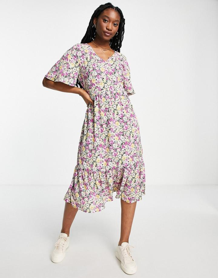Jdy Solis 3/4 Sleeve Flower Print Woven Midi Dress In Black