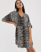 Asos Design V Neck Button Through Mini Smock Dress In Leopard Print - Multi