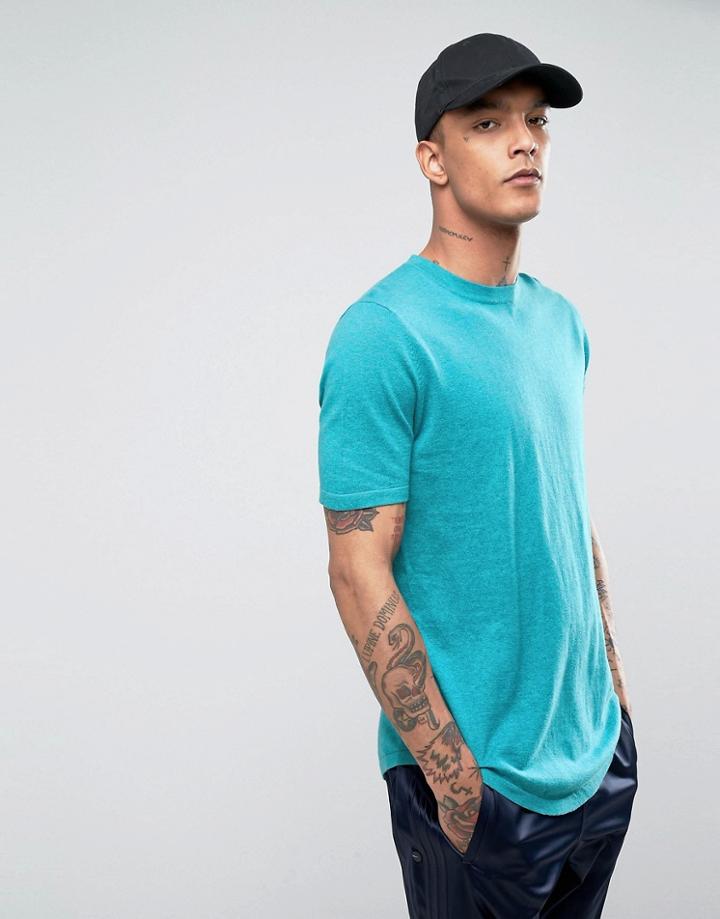 Asos Knitted T-shirt With Curved Hem In Teal - Blue