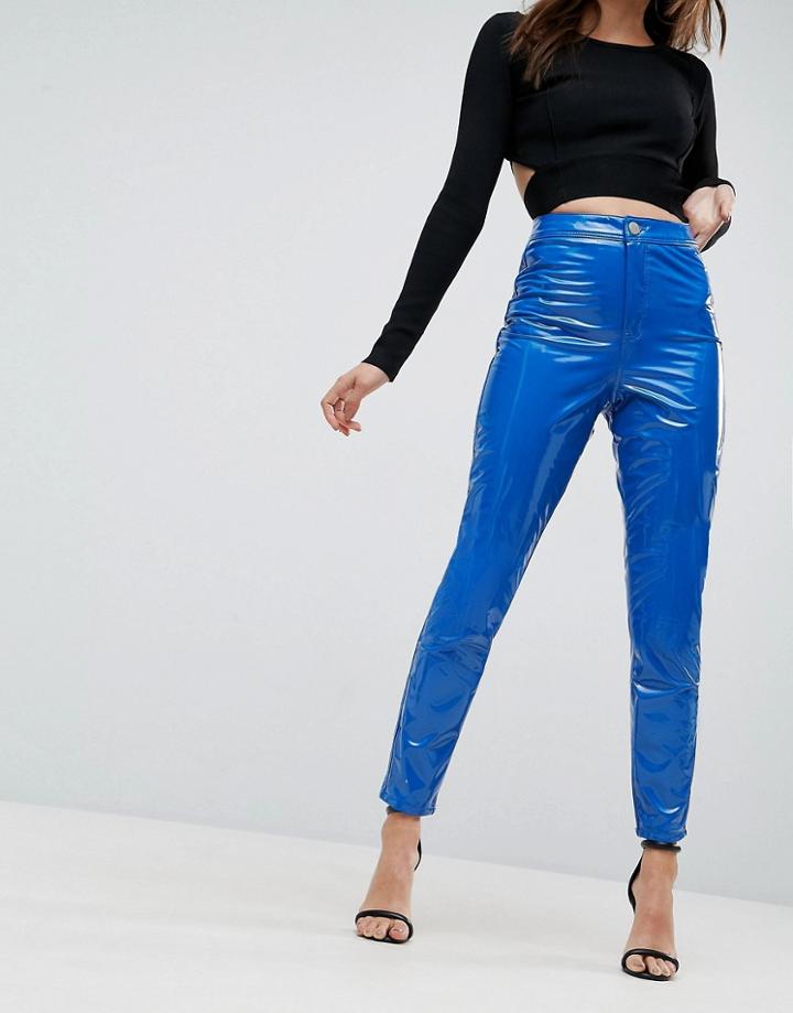 Asos Rivington High Waisted Denim Jeggings In Vinyl Effect In Cobalt Blue Vinyl - Blue