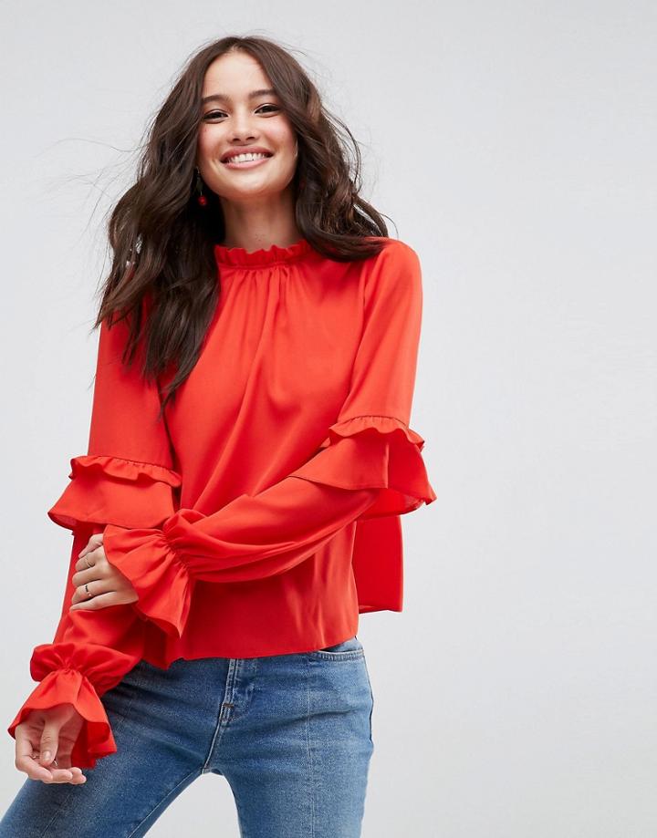 Asos Pie Crust Ruffle Sleeve Blouse - Red