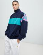 Asos Design Oversized Sweatshirt In Fleece With Track Neck And Print Panels - Navy