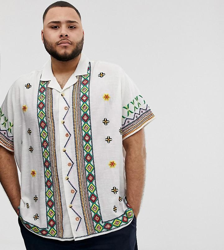 Asos Design Plus Regular Fit Geo-tribal Hand Embroidered & Embellished Shirt With Revere Collar - White