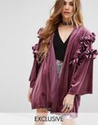 Reclaimed Vintage Kimono In Velvet With Ruffles - Purple