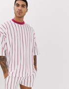 Asos Design Oversized Two-piece T-shirt In Vertical Stripe With Contrast Neck - White