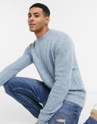 Asos Design Lambswool Cable Knit Crew Neck Sweater In Pastel Blue