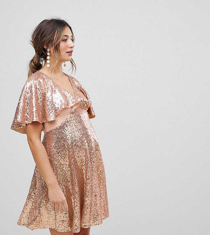 Asos Maternity Sequin Fluted Sleeve Lace Mini Dress-gold