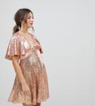 Asos Maternity Sequin Fluted Sleeve Lace Mini Dress-gold