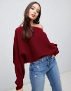 Asos Design Off Shoulder Sweater In Ripple Stitch - Red