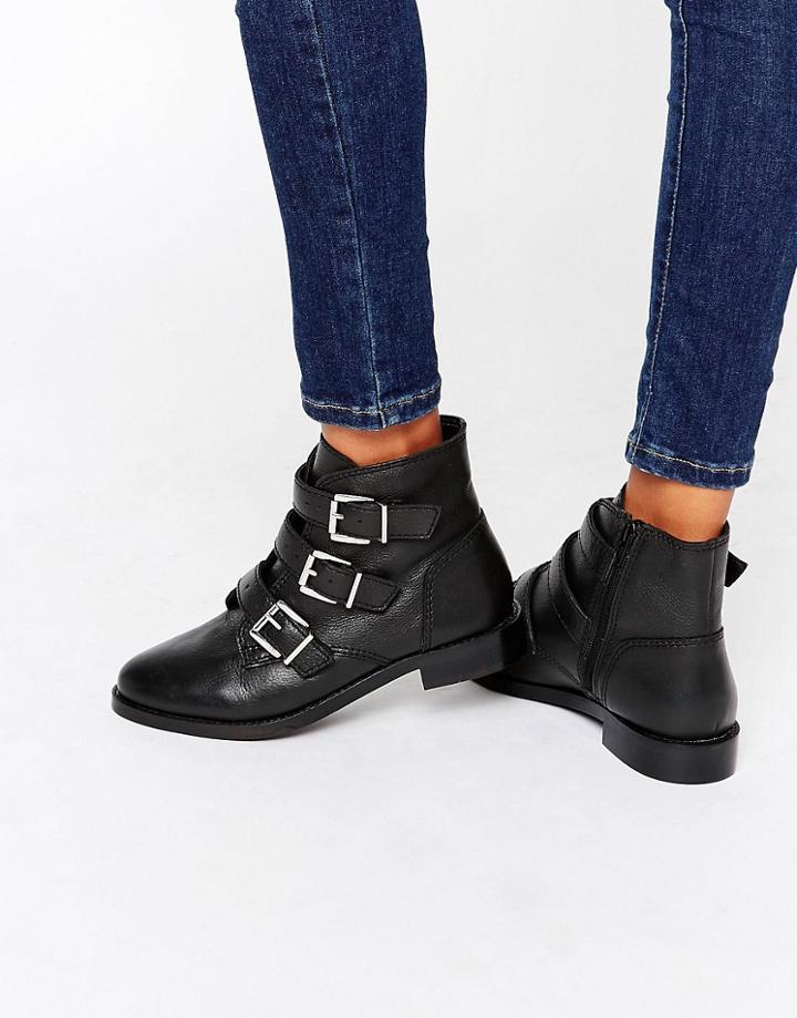 Carvela Multi Buckle Flat Leather Boot - Black