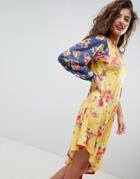 Asos Design One Shoulder Midi Dress In Color Block Floral Print - Multi
