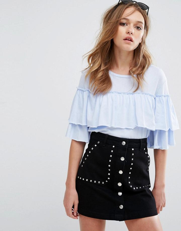 Pull & Bear Jersey Frill Detail Top - Blue
