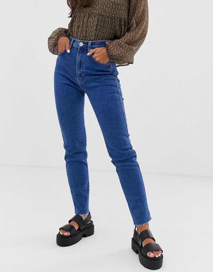 Pull & Bear Slim Mom Stretch Jeans In Dark Blue - Blue