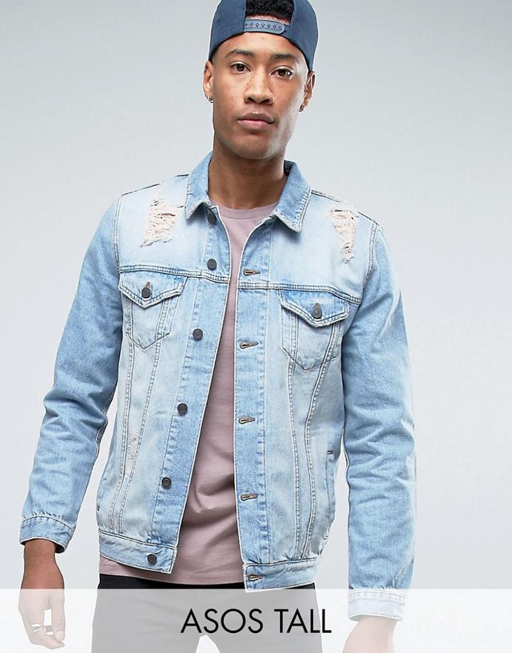 Asos Tall Denim Jacket In Mid Wash With Rips - Blue