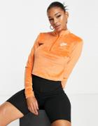 Nike Air All Over Logo Quarter-zip Velour Long Sleeve Top In Spice-brown