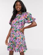 Never Fully Dressed Tiered Mini Puff Sleeve Skater Dress In Purple Floral Print-multi