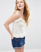 Asos Knit Cami In Pointelle With Ruffle Detail - Cream