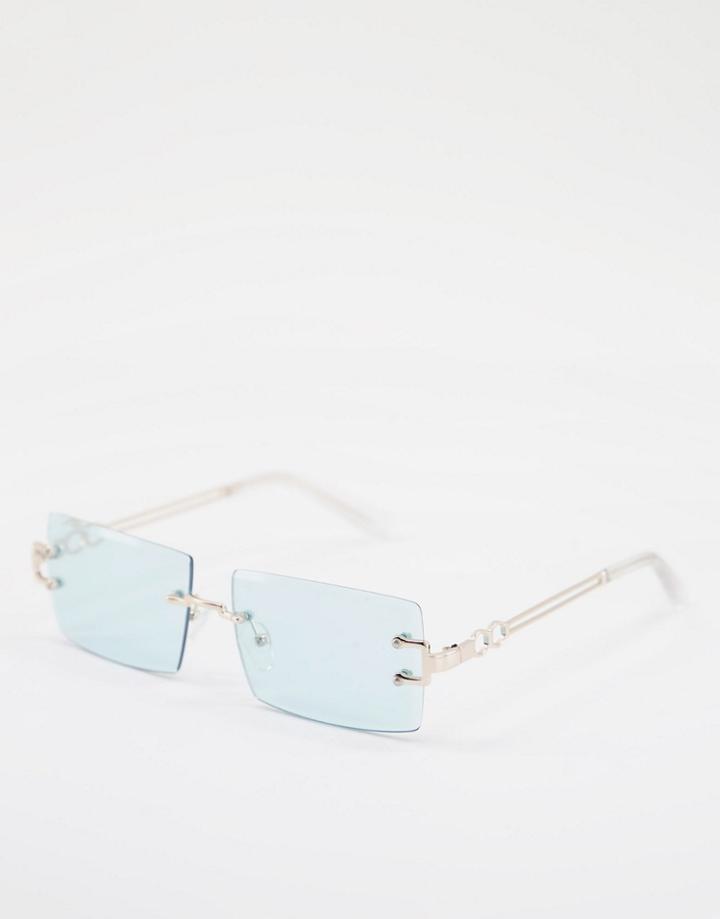 Asos Design Rimless Mid Square Sunglasses With Temple Detail In Green-gold