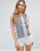 Qed London Gingham Top With Crochet Detail - Navy