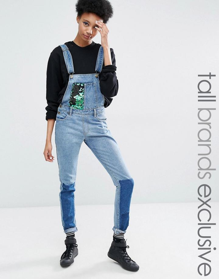 Liquor & Poker Tall Patchwork Overalls With Multi Sequin Bib - Blue