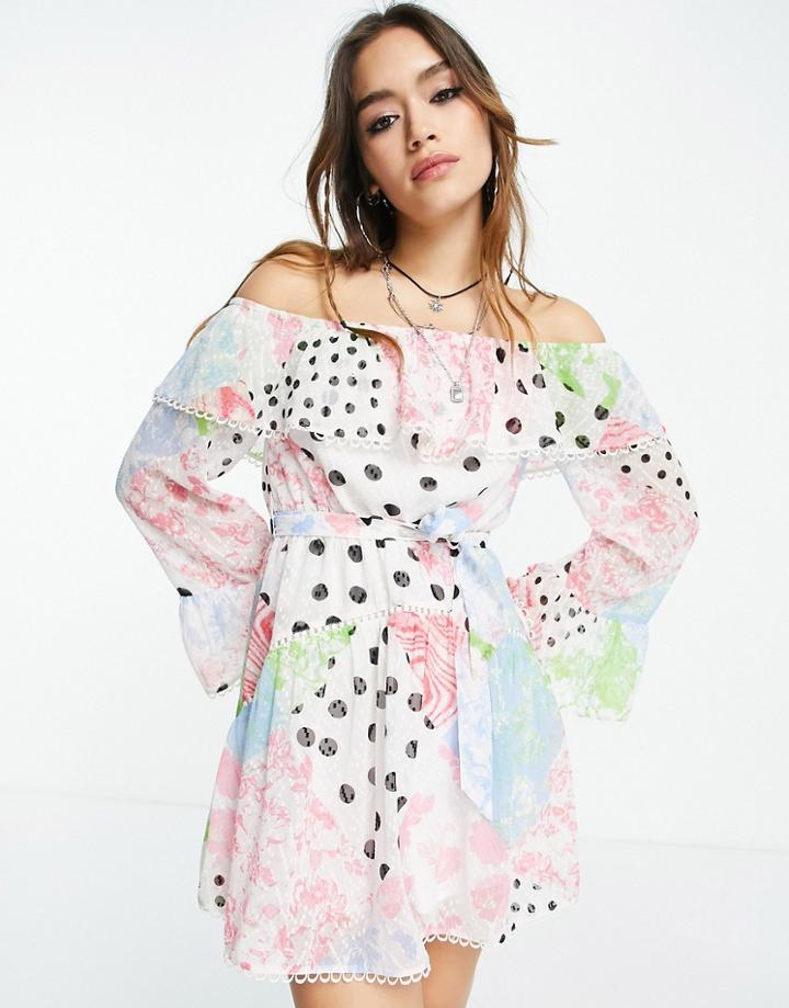 Asos Design Off The Shoulder Mini Dress With Lace Inserts In Patchwork Print-multi