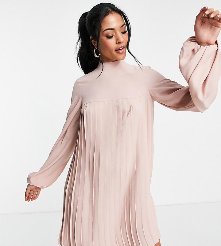 Asos Design Tall High Neck Pleated Trapeze Mini Dress In Pale Pink