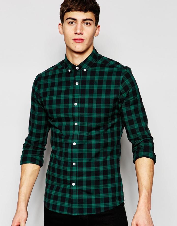 Asos Skinny Check Shirt In Twill With Long Sleeves - Green