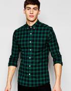 Asos Skinny Check Shirt In Twill With Long Sleeves - Green