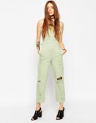 Asos Denim Wide Leg Cut Out Jumpsuit In Mint With Rips - Mint