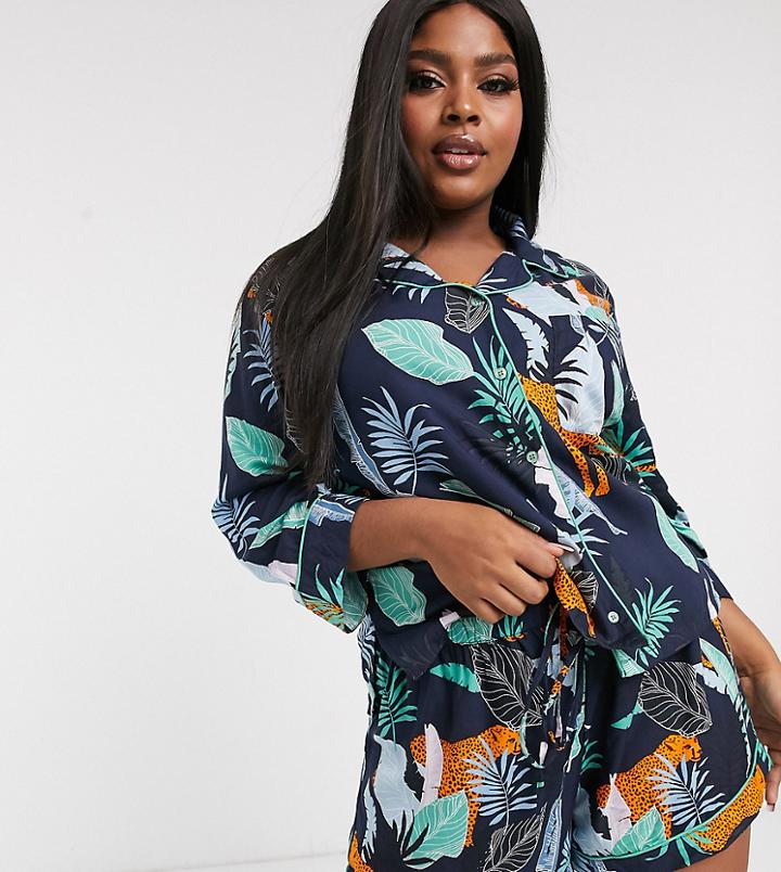 Asos Design Curve Botanical Tiger Shirt & Short 100% Modal Pyjama-blue