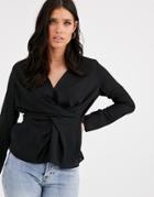 Asos Design Long Sleeve V Neck Top With Twist Drape Front-black