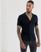 Asos Design Stretch Skinny Viscose Shirt With Low Revere Collar In Black - Black
