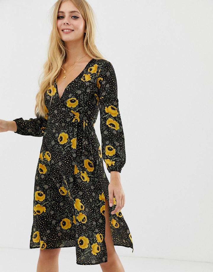 Brave Soul Wrap Front Midi Dress In Black Floral - Black