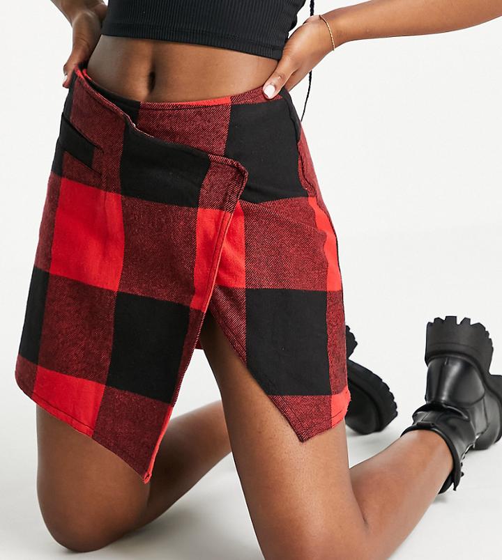 Collusion Asymmetric Brushed Plaid Mini Skirt In Black And Red