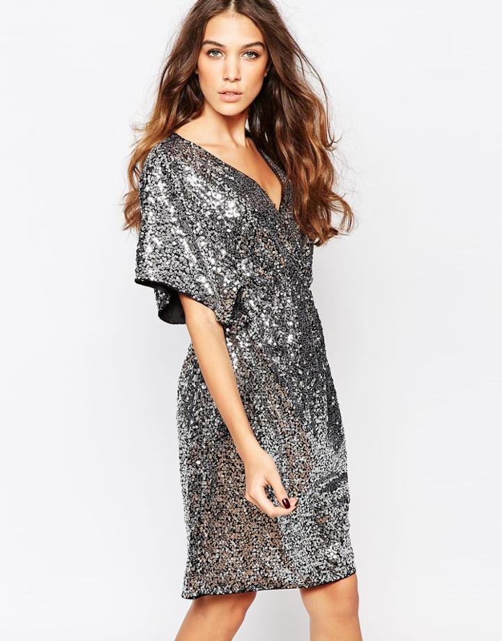 First & I Sequin Kimono Sleeve Dress - Silver Sequin