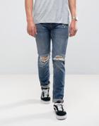 Pull & Bear Slim Jeans With Heavy Knee Rips In Dark Wash Blue - Blue