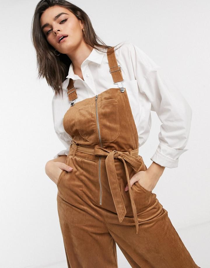 Asos Design Zip Front Cord Overalls In Stone-white