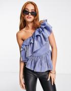 Asos Design One Shoulder Top With Ruffle And Peplum Hem In Shimmer Blue