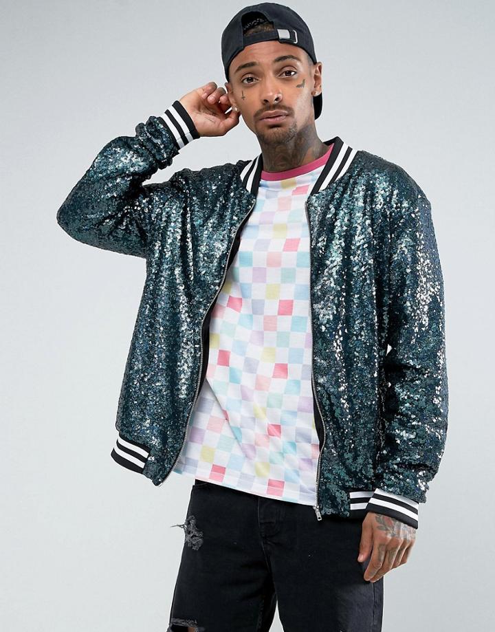 Jaded London Bomber Jacket In Blue Sequin - Blue