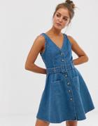 Asos Design Denim Skater Button Through Dress With Belt In Blue - Blue