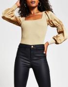River Island Hybrid Satin Sleeve Knit Top In Gold