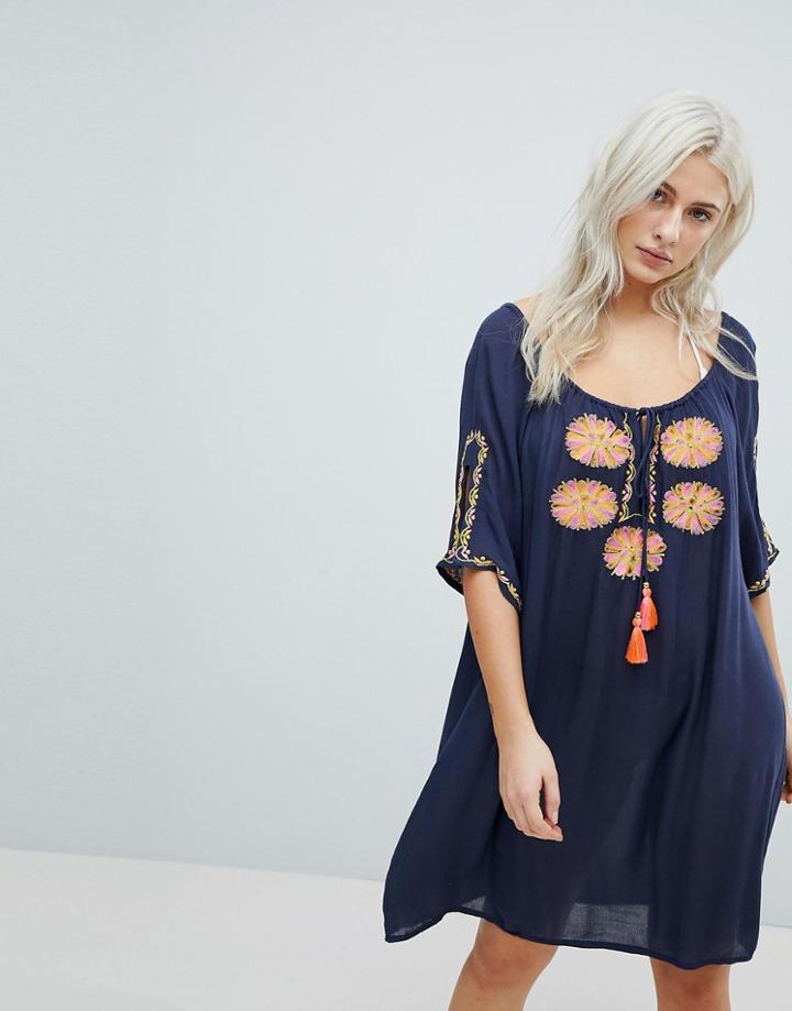 Liquorish Navy Beach Dress With Floral Embroidery - Navy