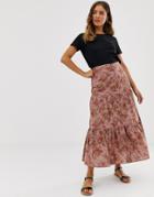 Asos Design Rose Printed Broderie Tiered Midi Skirt-multi