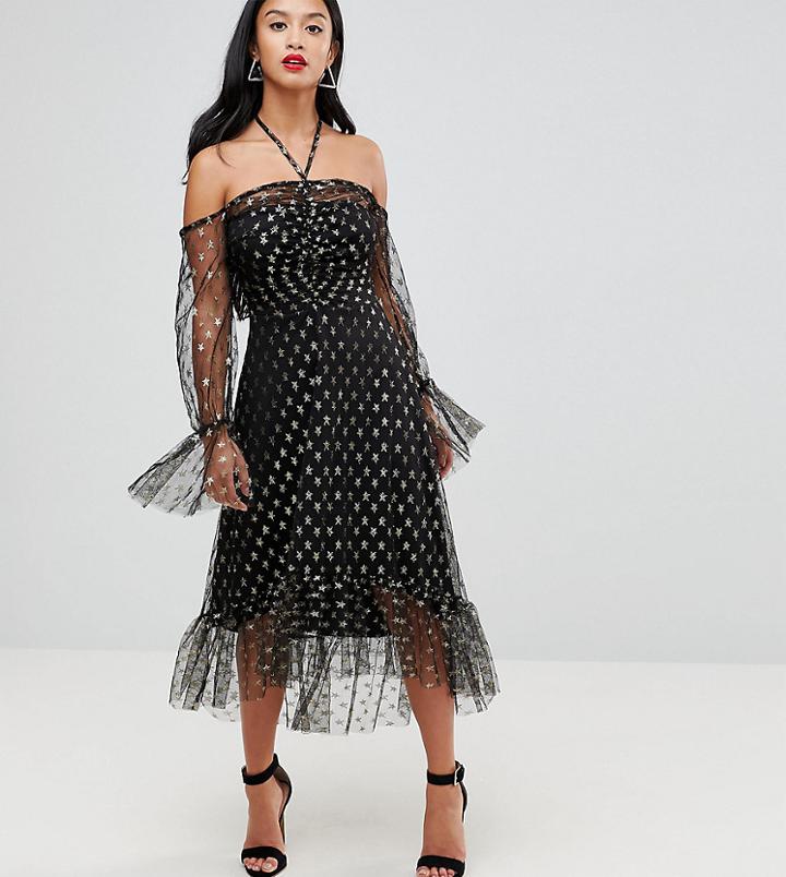 John Zack Petite Long Sleeve Cold Shoulder Metallic Star Print Midi Dress With Thigh Split - Black